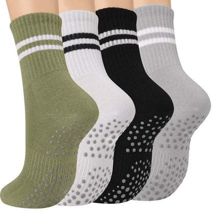 YOMYM 4 Pairs Non Slip Pilates Socks with Grips for Women, Crew Grip Socks for Yoga, Barre, Hospital, Barefoot Workout