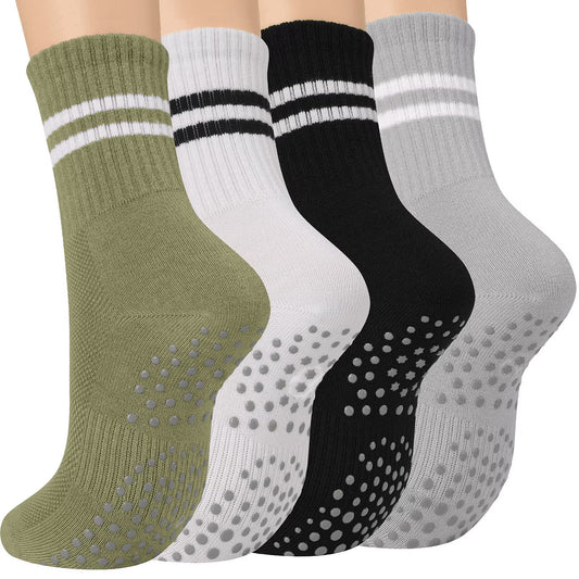 YOMYM 4 Pairs Non Slip Pilates Socks with Grips for Women, Crew Grip Socks for Yoga, Barre, Hospital, Barefoot Workout