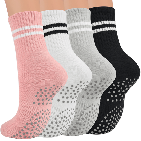 YOMYM Pilates Socks for Women with Non Slip Grippers, Yoga Crew Socks for Barre Hospital Sticky Slipper Socks 4 Pairs