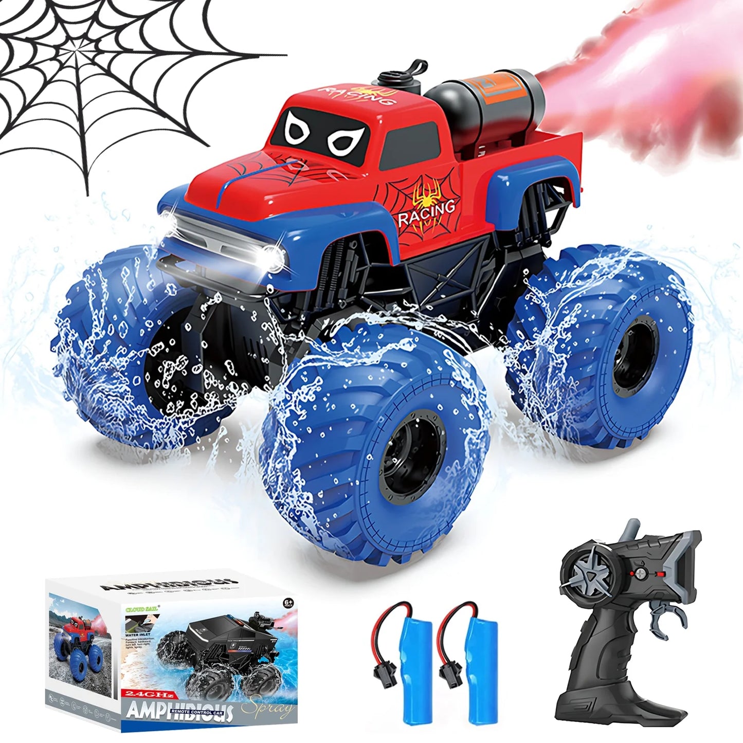 ZOGYMOZ Amphibious Remote Control Car, 1:16 All Terrain Off-Road Waterproof Monster Truck with Spray and LED Lights, 2 Rechargable Batteries, Kids Toys for Boys