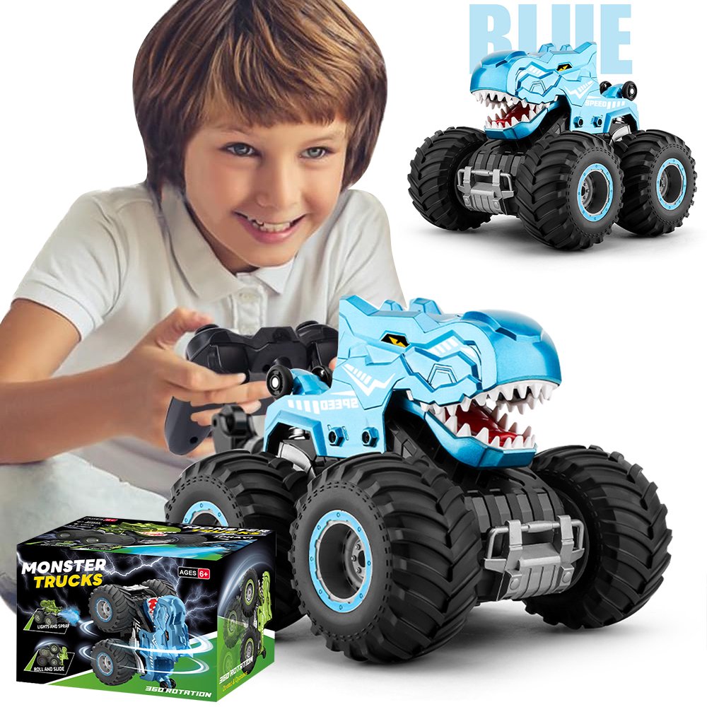 ZOGYMOZ Dinosaur Rc Cars, Remote Control Dinosaur Toys for 3-10 Year Old Boys Girls,1:16 Monster Truck RC Cars Toys with Spray,Roar Sound & Lights,Blue