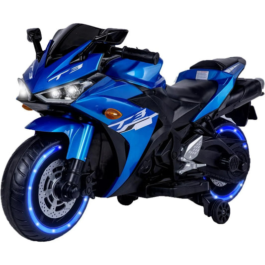 ZOGYMOZ Kid Motorcycle,12V Kids Electric Motorcycle with Training Wheels,Ride On Motorbike, Speed by Hand, Music Function, Max Load 88LB (Blue)