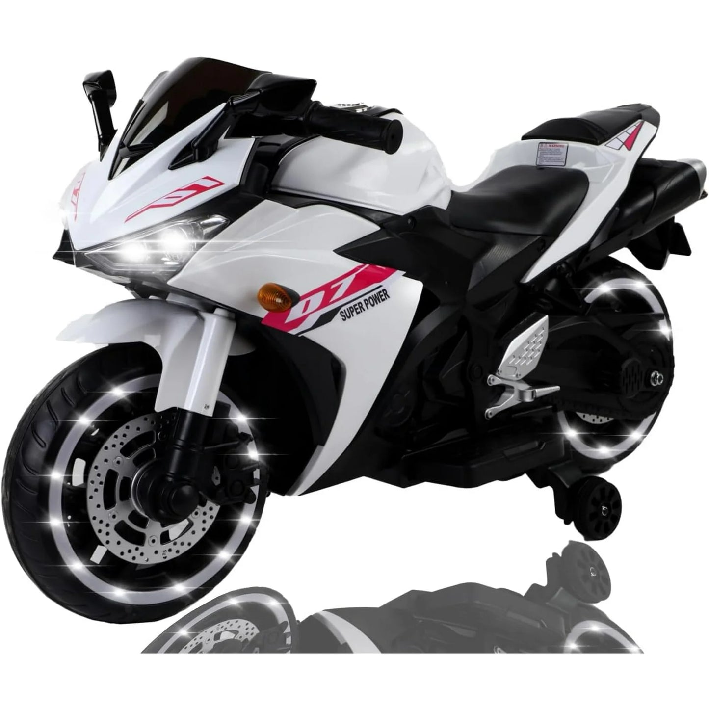 ZOGYMOZ Kids Motorcycle,12V Kids Electric Motorcycle with Training Wheels,Ride On Motorbike, Speed by Hand, Music Function, Max Load 88LB (White)