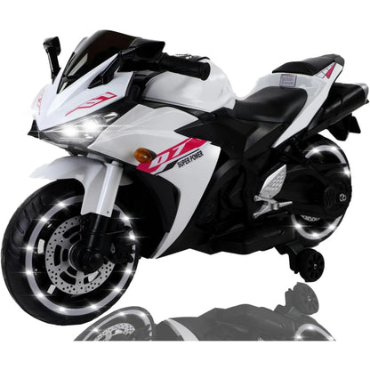 ZOGYMOZ Kids Motorcycle,12V Kids Electric Motorcycle with Training Wheels,Ride On Motorbike, Speed by Hand, Music Function, Max Load 88LB (White)