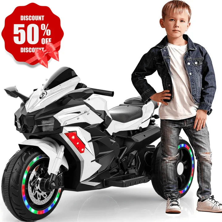 Zogymoz 12V Powered Ride on Motorcycle, Electric Dirt Bike for Kids Boys Girls, Motorbike Motorcycle Ride on Toy w/ Music and LED Light for 3-8 Years Old, White