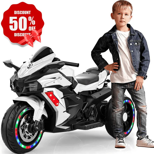 Zogymoz 12V Powered Ride on Motorcycle, Electric Dirt Bike for Kids Boys Girls, Motorbike Motorcycle Ride on Toy w/ Music and LED Light for 3-8 Years Old, White