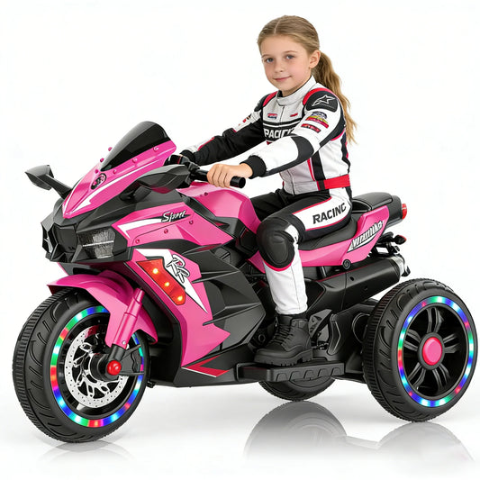 Zogymoz 12V Ride on Motorcycle for Kids, Pink Electric Dirt Bike with LED Light, Bluetooth Music, Motorbike Ride on Toy