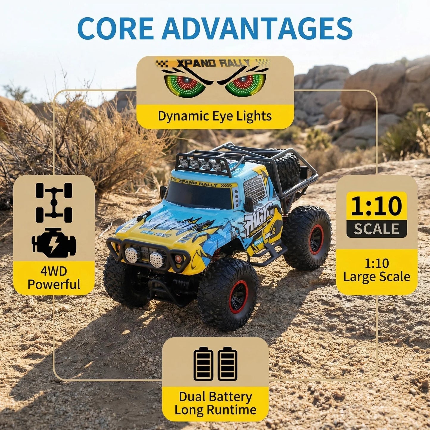 HNH 1:10 Remote Control Car Off-Road Truck for Kids, 4WD Rc Car Off Road Monster Truck with LED Light, Music, 2 Batteries