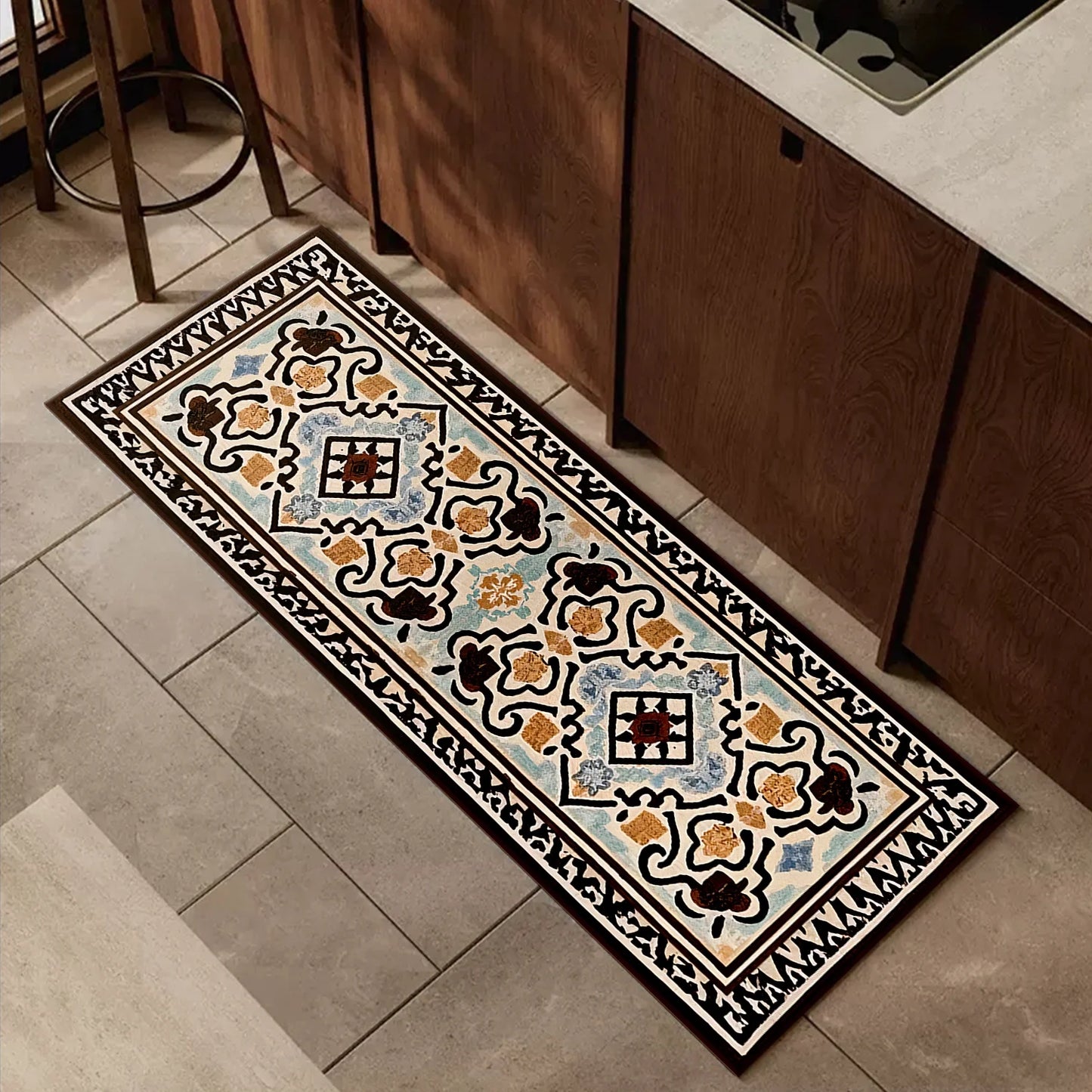 TECHVIDA Kitchen Rugs 4 Piece Set,Non Slip Machine Washable Kitchen Mats,Boho Vintage Abstract Kitchen Carpet for Farmhouse Living Room Hallway