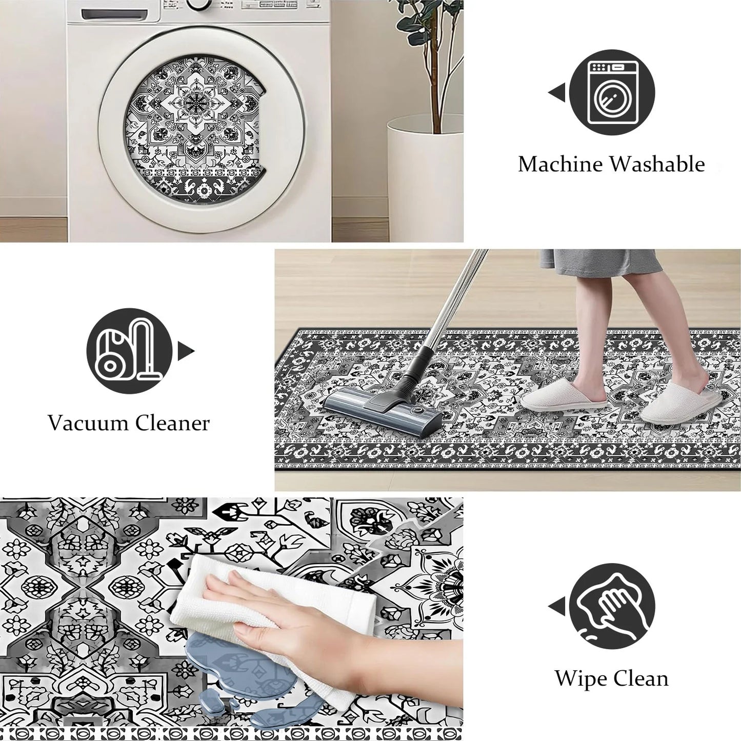 TECHVIDA Kitchen Rugs 3 Piece Set,Non Slip Machine Washable Kitchen Mats,Boho Vintage Abstract Kitchen Carpet for Farmhouse Living Room Hallway