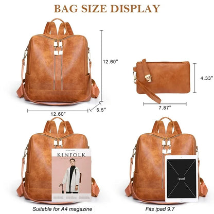 BATE Women's Backpack, Large Capacity Backpack,Leather Handbags and Shoulder Bag Travel Bags,Brown