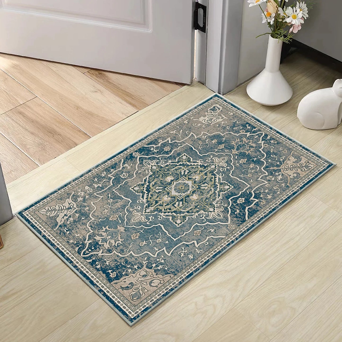 TECHVIDA Kitchen Rugs 4 Piece Set,Non Slip Machine Washable Kitchen Mats,Boho Vintage Abstract Kitchen Carpet for Farmhouse Living Room Hallway