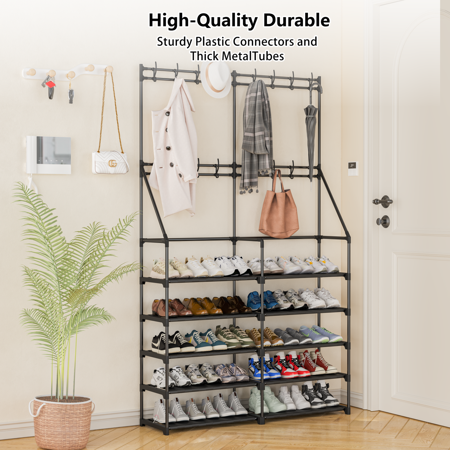 TECHVIDA Shoe Rack,Shoe Organizer 5-Tier,Coat Rack with Shoe Storage Coat Rack,16 Hooks,50 Pairs Shoe Shelf for Entryway,Black