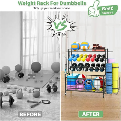 Techvida Dumbbell Rack, Balls Workout Equipment Storage Organizer Yoga Mat with Hooks and Wheels