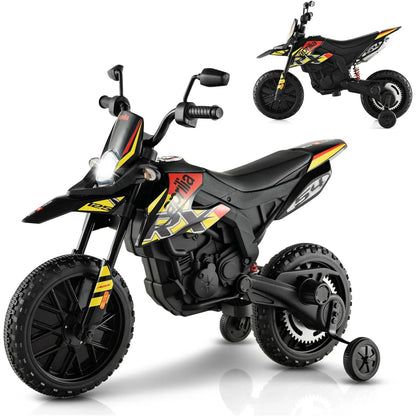 12V Kids Motorcycle, Licensed Aprilia Electric Motorcycle Ride On Toy w/Training Wheels, Spring Suspension, LED Lights, Sounds & Music, Battery Powered Dirt Bike for Boys & Girls, Yellow