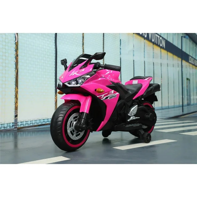 ZOGYMOZ Kids Motorcycle,12V Kids Electric Motorcycle with Training Wheels,Ride On Motorbike, Speed by Hand, Music Function, Max Load 88LB (Pink)