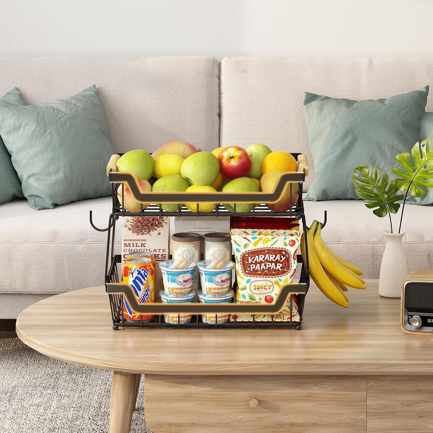 WERSEON 2 Tier Fruit Basket with Hooks for Kitchen Countertop, Detachable Metal Fruit Vegetable Storage Basket Stand Holder with Wooden Handle