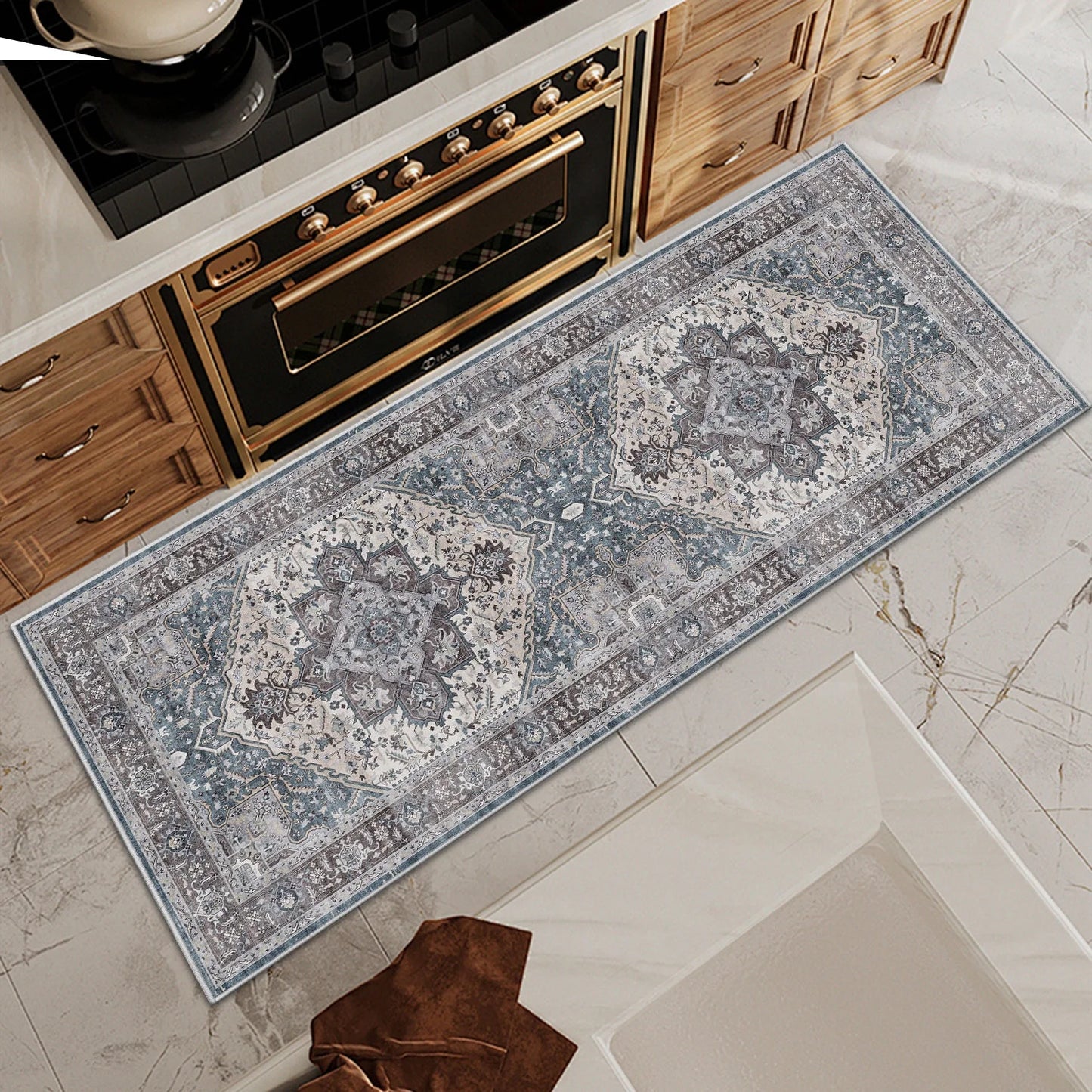 TECHVIDA Kitchen Rugs 3 Piece Set,Non Slip Machine Washable Kitchen Mats,Boho Vintage Abstract Kitchen Carpet for Farmhouse Living Room Hallway