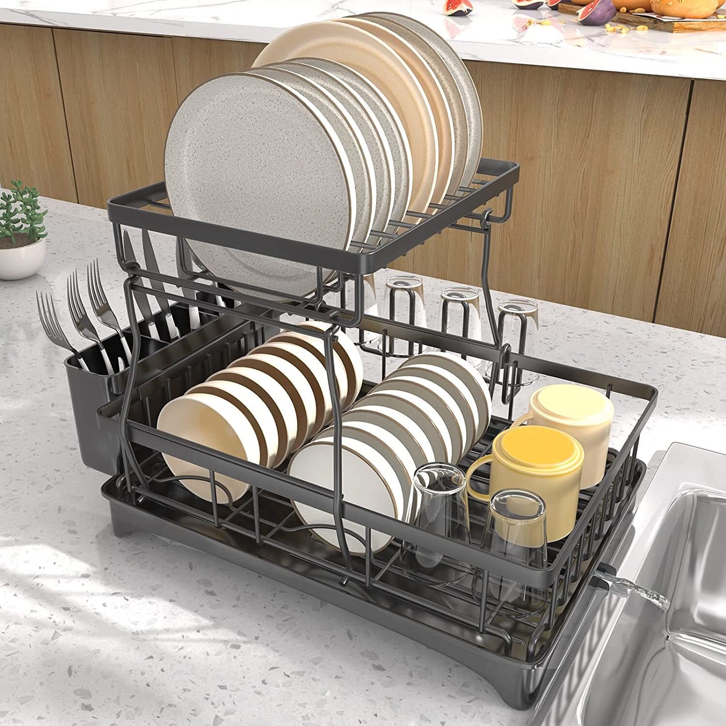 Techvida 2-Tier Drying Dish Rack and Drain Board Set Metal Black