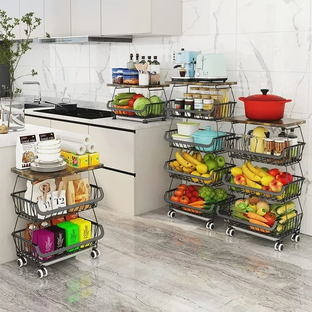 Werseon 4 Tier Fruit Storage Basket, Fruit Vegetable Cart with Solid Wood, Kitchen Storage Rack with Rollers for Pantry