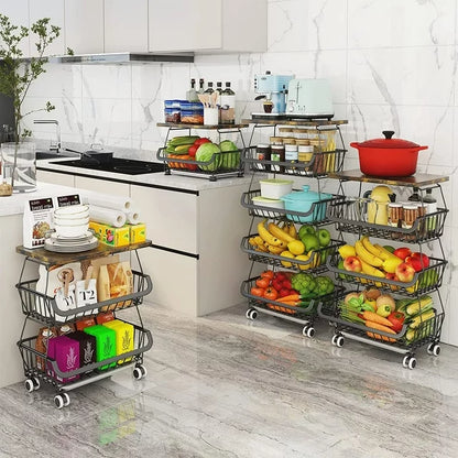 Werseon 4 Tier Fruit Storage Basket, Fruit Vegetable Cart with Solid Wood, Kitchen Storage Rack with Rollers for Pantry