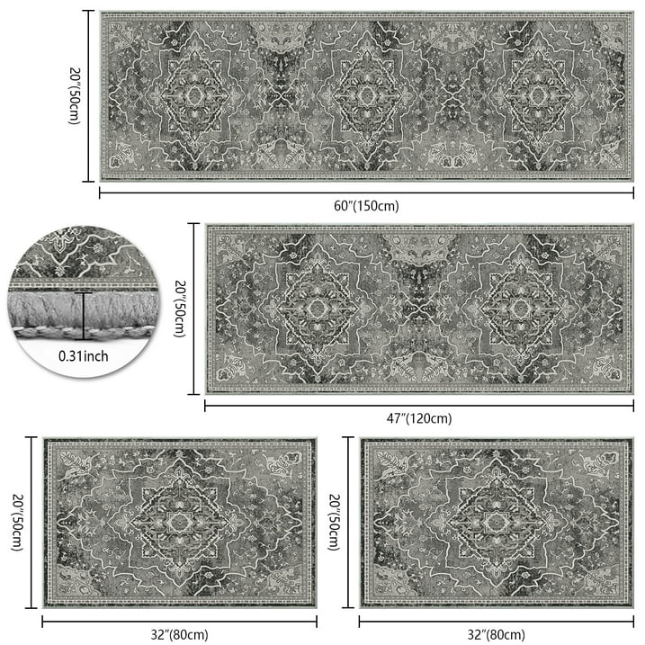 TECHVIDA Kitchen Rugs 4 Piece Set,Non Slip Machine Washable Kitchen Mats,Boho Vintage Abstract Kitchen Carpet for Farmhouse Living Room Hallway