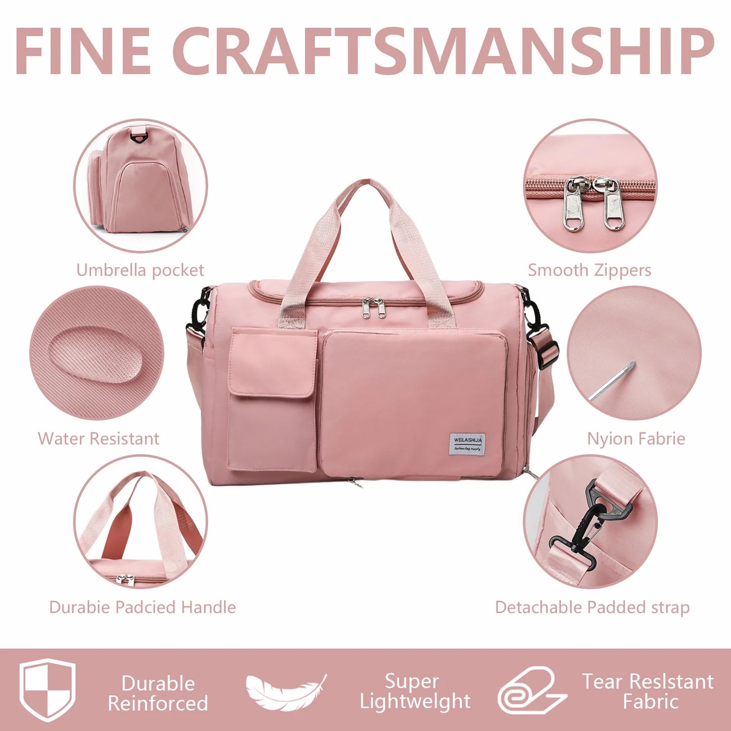 YOMYM Gym Bag for Women, Waterproof Duffle Bag Carry On Weekender Bag with Shoe Compartment & Wet Pocket, Tote Bag for Travel, Pink