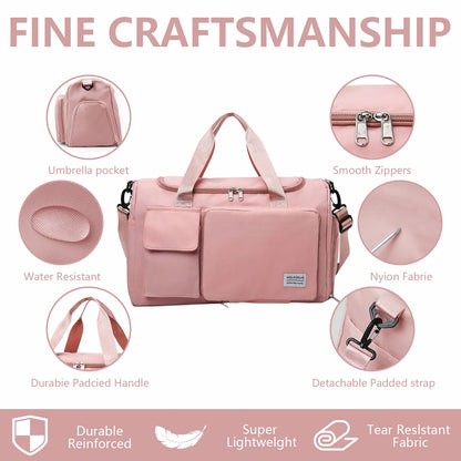 YOMYM Gym Bag for Women, Waterproof Duffle Bag Carry On Weekender Bag with Shoe Compartment & Wet Pocket, Tote Bag for Travel, Pink