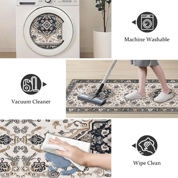 TECHVIDA Kitchen Rugs 3 Piece Set,Non Slip Machine Washable Kitchen Mats,Boho Vintage Abstract Kitchen Carpet for Farmhouse Living Room Hallway