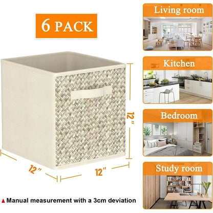 Werseon 12 Inch Storage Cubes with Handle, Set of 6,Foldable Cube Storage Bins, Fabric Storage Boxes for Organizing Closet Bins-Beige