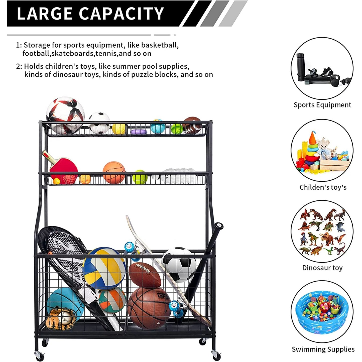 Techvida Sports Equipment Organizer, Ball Storage Rack, Garage Ball Storage, Sports Gear Storage, Rolling Sports Ball Storage Cart