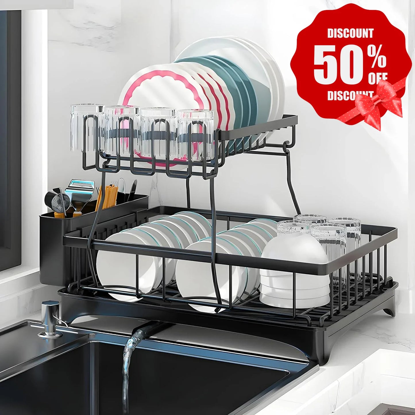 WERSEON Dish Racks for Kitchen Counter, Stainless Steel Kitchen Dish Drying Rack with Drainboard, Detachable Dish Drainers with Utensil Holders