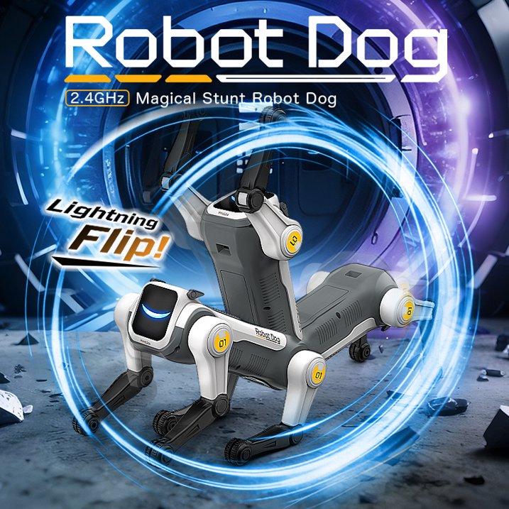 HNH Robot Dog Toy for Kids, 2.4Ghz Remote Control Stunt Dog with Music & Light, Voice Commands, White