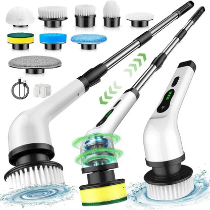 TECHVIDA Electric Spin Scrubber, Cordless Cleaning Brush, Shower Cleaning Brush with 9 Brush Heads 2H Power Dual Speed, Adjustable Extension Handle, IPX7 Waterproof for Tub Tile Floor Car, White