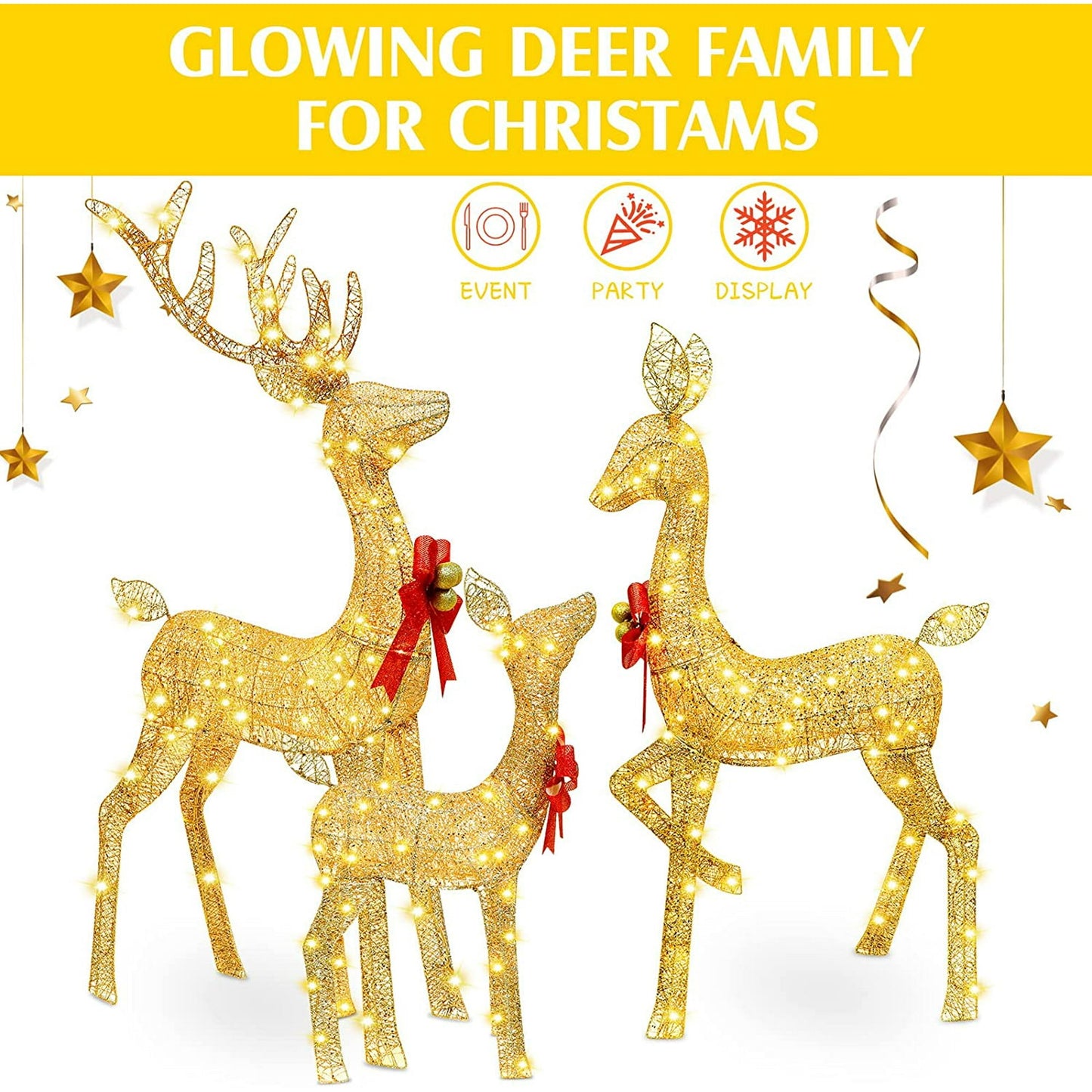 5ft 3-Piece Lighted Christmas Deer Family Set, Large Outdoor Yard Reindeer Holiday Decoration,Lighted Deer Set for Indoor Decor