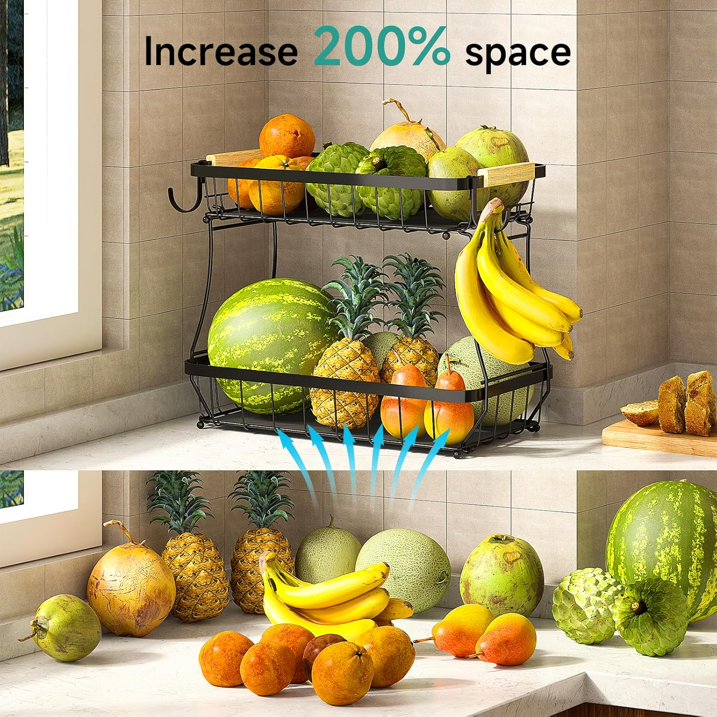 TECHVIDA 3 Tier Fruit Basket for Kitchen with 2 Banana Hangers, Detachable Metal Fruit Bowl for Kitchen Counter for Fruit and Vegetable Storage, Banana Holder for Bread Snack Organizer