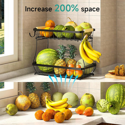 TECHVIDA 2 Tier Fruit Basket for Kitchen with 2 Banana Hangers, Detachable Metal Fruit Bowl for Kitchen Counter for Fruit and Vegetable Storage, Large Capacity Tiered Fruit Tray