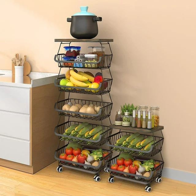 Werseon 6-Tier Fruit Basket Rack, Stackable Wire Basket Cart with Solid Wood, Kitchen Vegetable Storage&Organization