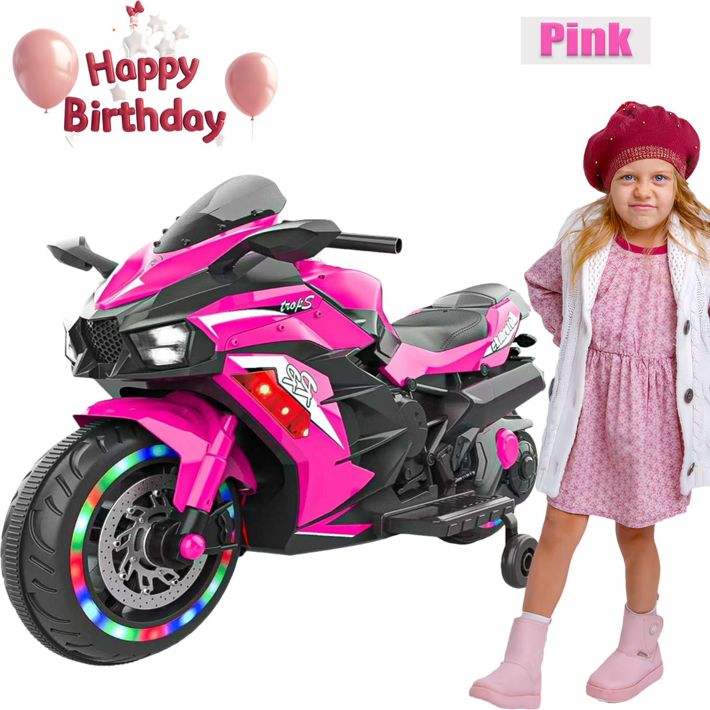 Zogymoz 12V Electric Ride on Bike,Kids Motorcycle for Girls with Light Wheel & Bluetooth Music-Pink