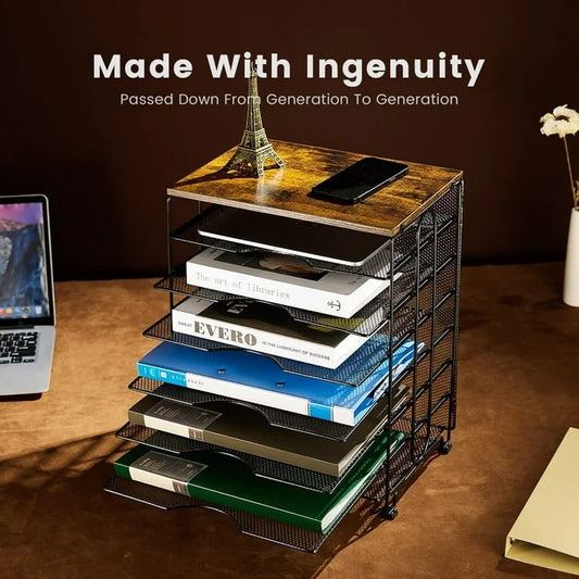 Lakecy 7-Tier Desk Organizer, Black, Letter Tray, Paper Tray, Wood Desk Organizer, for Home Office School