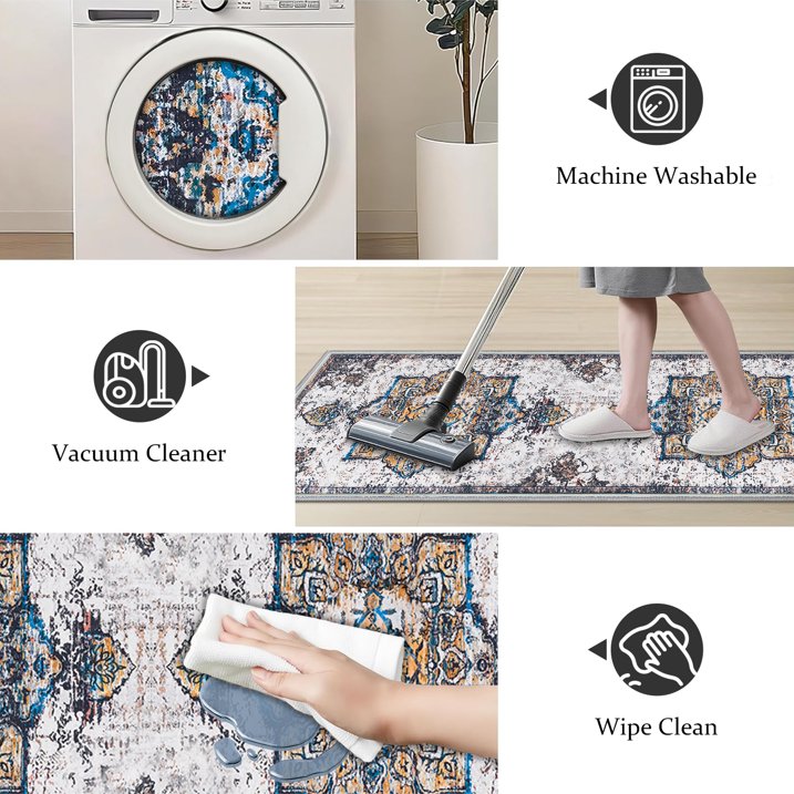 TECHVIDA Kitchen Rugs 4 Piece Set,Non Slip Machine Washable Kitchen Mats,Boho Vintage Abstract Kitchen Carpet for Farmhouse Living Room Hallway