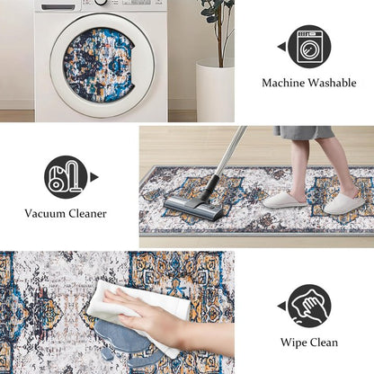 TECHVIDA Kitchen Rugs 4 Piece Set,Non Slip Machine Washable Kitchen Mats,Boho Vintage Abstract Kitchen Carpet for Farmhouse Living Room Hallway