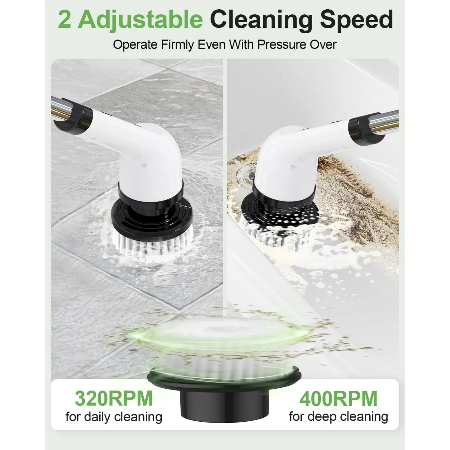 TECHVIDA Electric Spin Scrubber, Cordless Cleaning Brush, Shower Cleaning Brush with 9 Brush Heads 2H Power Dual Speed, Adjustable Extension Handle, IPX7 Waterproof for Tub Tile Floor Car, White