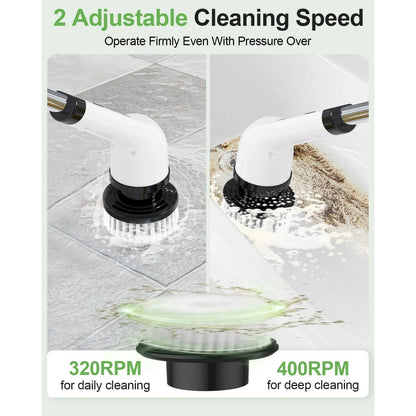 TECHVIDA Electric Spin Scrubber, Cordless Cleaning Brush, Shower Cleaning Brush with 9 Brush Heads 2H Power Dual Speed, Adjustable Extension Handle, IPX7 Waterproof for Tub Tile Floor Car, White