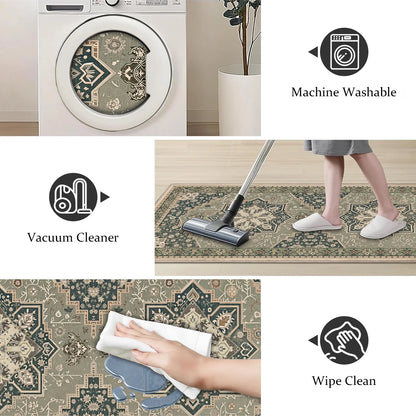 TECHVIDA Kitchen Rugs 4 Piece Set,Non Slip Machine Washable Kitchen Mats,Boho Vintage Abstract Kitchen Carpet for Farmhouse Living Room Hallway