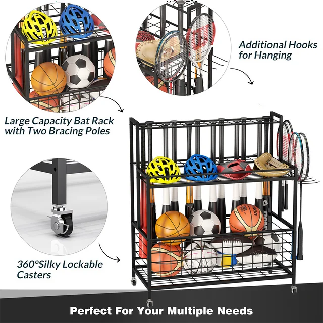 Techvida Sports Equipment Storage, Garage Sports Organizer, Baseball Bat Holder Holds 24 Bats Rolling Ball Cart with Wheels, Black