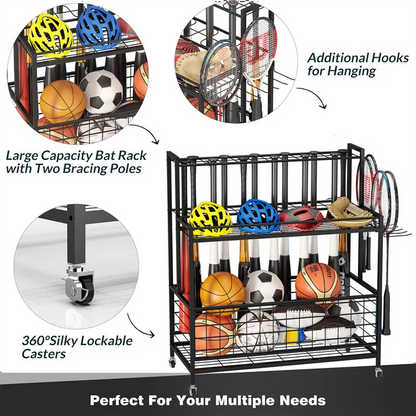 Techvida Sports Equipment Storage, Garage Sports Organizer, Baseball Bat Holder Holds 24 Bats Rolling Ball Cart with Wheels, Black