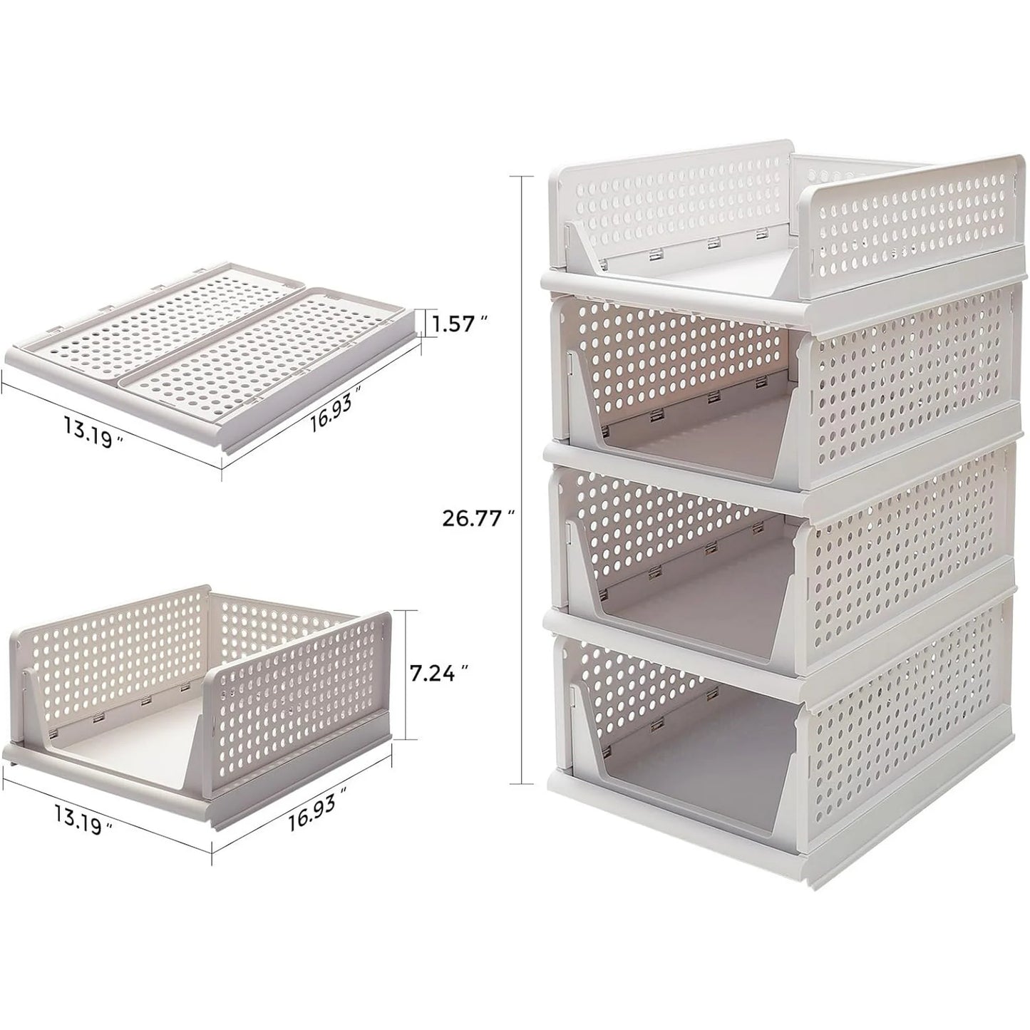 Stackable Plastic Storage Basket, 4 Pack Foldable Closet Organizers and Storage Bins, Closet Stackable Drawer Shelf Storage Container for Cupboard Bathroom Office Bedroom