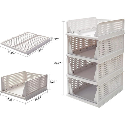 Stackable Plastic Storage Basket, 4 Pack Foldable Closet Organizers and Storage Bins, Closet Stackable Drawer Shelf Storage Container for Cupboard Bathroom Office Bedroom