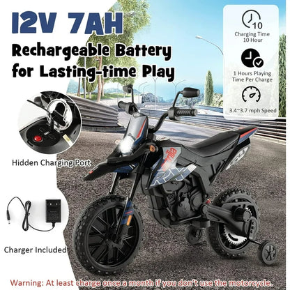 Techvida Kids Motorcycle,12V Licensed Battery Powered Electric Vehicle Dirt Bike w/Training Wheels,Headlight & Music,Spring Suspension,Ride on Motorcycle,Gift for Boys Girls,Blue